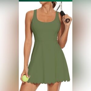 Womens Tennis Dress w Bra U Neck Golf Sleeveless Athletic Workout Dress Green